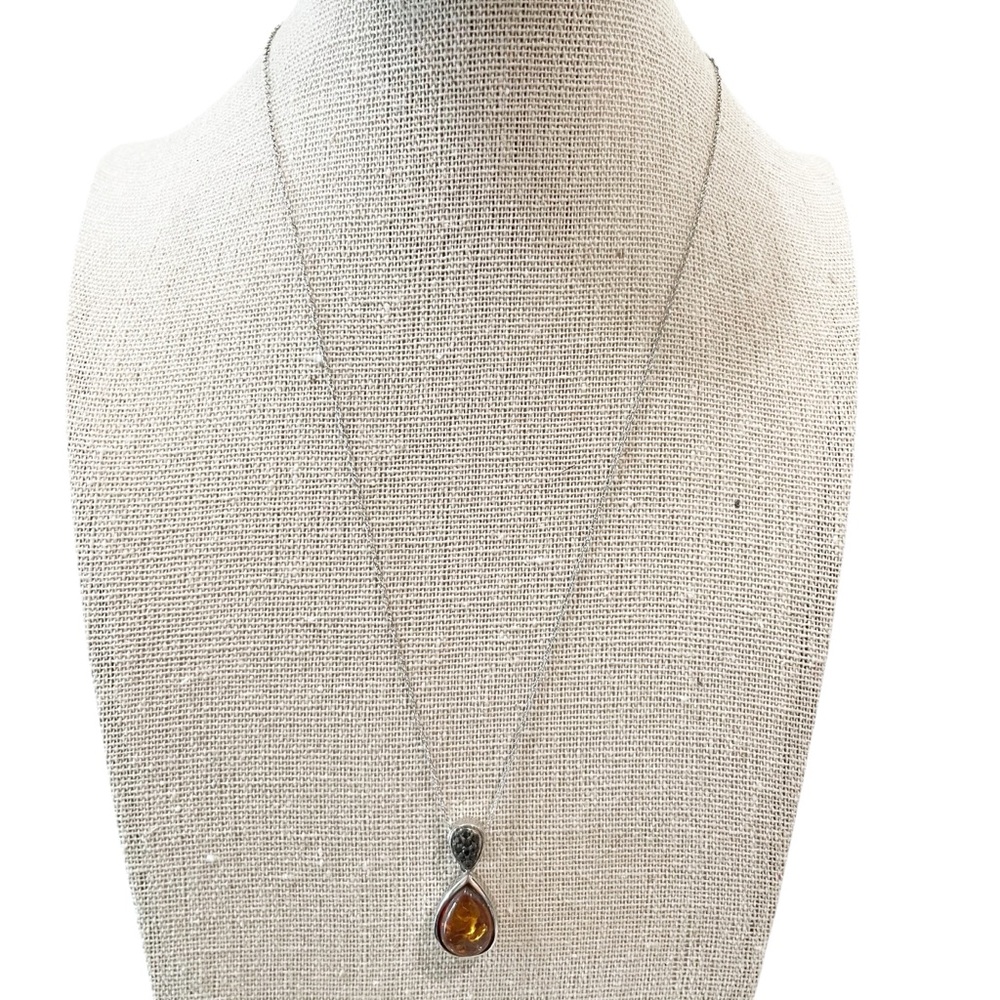 JTV Teardrop Amber and Black Stone Pendant Necklace Sterling Silver